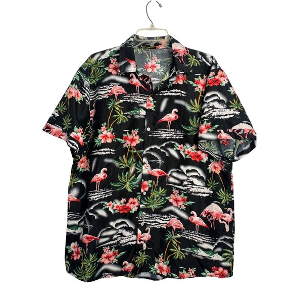 Hawaiian Flamingo Tropical Large Shirt SSLR Mens Camp Black Pink Lightweight - Picture 1 of 7